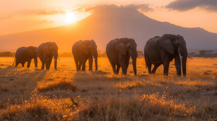 Fototapeta premium Majestic elephants walking across the African savanna at sunset near a distant mountain
