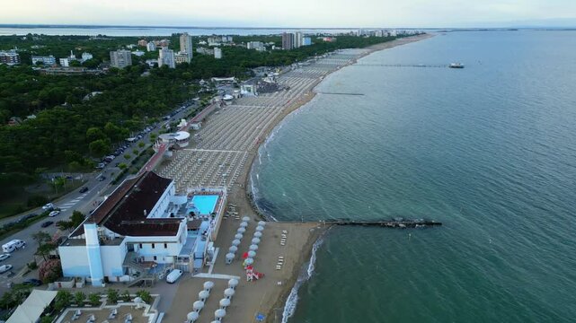 Lignano Pineta at sunset. View from above. Architecture on the sea