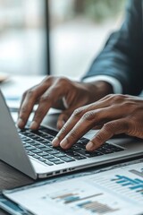 Focused Strategy Analysis: Professional Hands Typing Detailed Report on Laptop for Business Insights