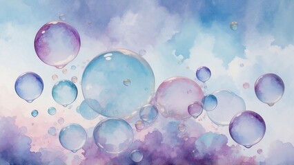 Dreamy soap bubbles in pale blues and purples ethereal watercolor composition