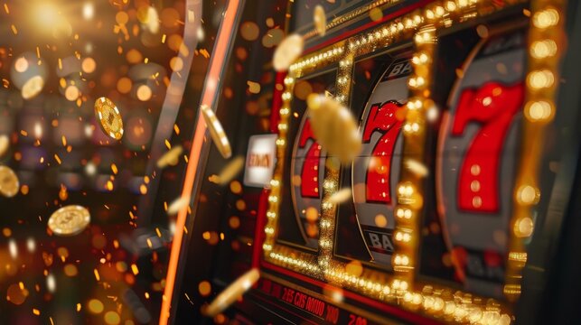 Slot machine with red sevens and golden coins