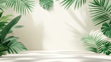 Obraz premium Lush green leaves cast a gentle shadow on a light background in a serene nature abstract space