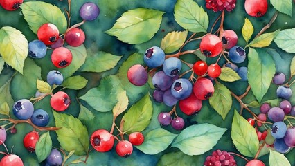 Assorted wild berries with various shades of red and purple watercolor fruit illustration