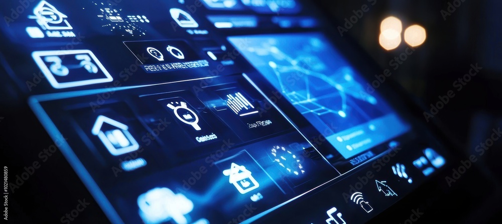 Poster innovative smart home control panel displaying advanced technology functions for modern living space
