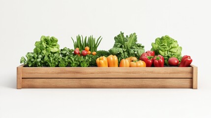 Raised wooden vegetable bed filled with fresh green and colorful vegetables captured against a white background perfect for gardening or organic farming visuals.. Generative AI