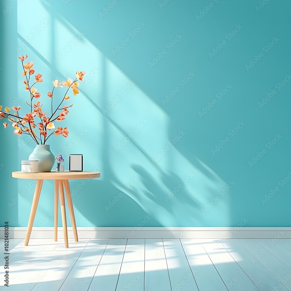 Poster spacious 3d studio scene with a turquoise blue backdrop empty hardwood floor plain white wall and a 