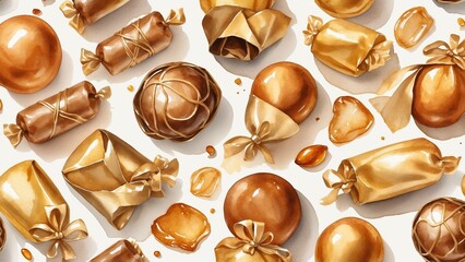 Caramel Candies Wrapped in Shiny Gold Foil on White Background