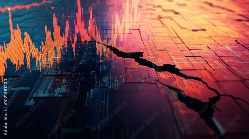 Poster a computer generated image of a city with a large crack in the ground