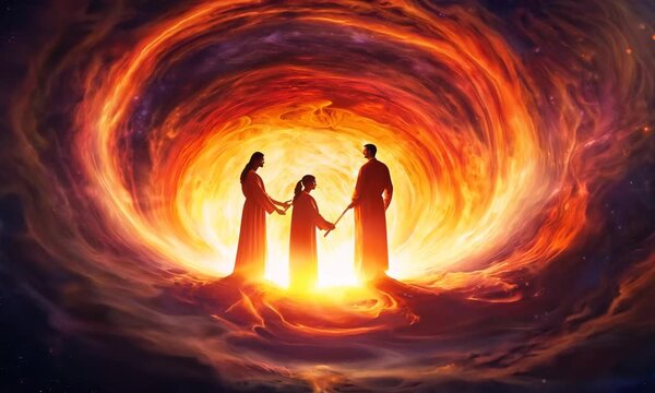 Shadrach, Meshach, and Abednego in the fiery furnace, depicted within a swirling nebula, highlighting their faith amidst trials, with copy space
