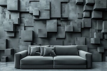 3D rendering of a modern living room interior with a gray sofa and a 3D wall of concrete blocks