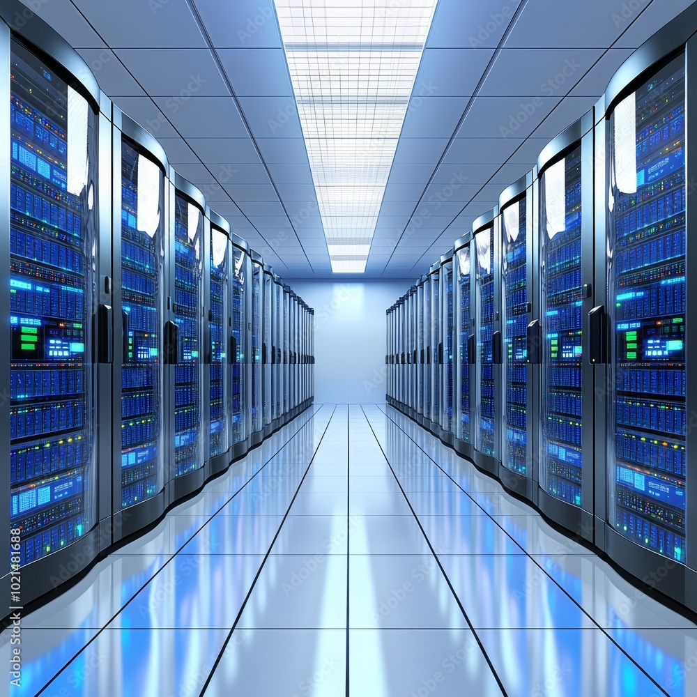 Poster modern server room with rows of network servers, it infrastructure and big data storage concept