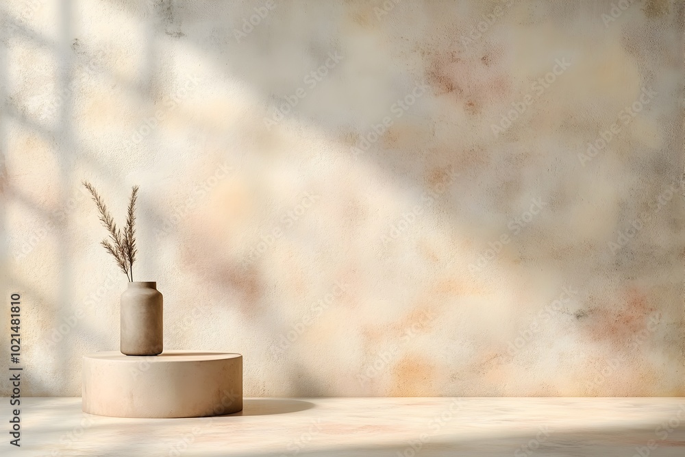 Poster a serene and uncluttered 3d studio setting with a beige color scheme and a central product pedestal 