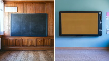 A traditional chalkboard and a modern digital display side-by-side in a classroom, illustrating the evolution of education. old vs new generation