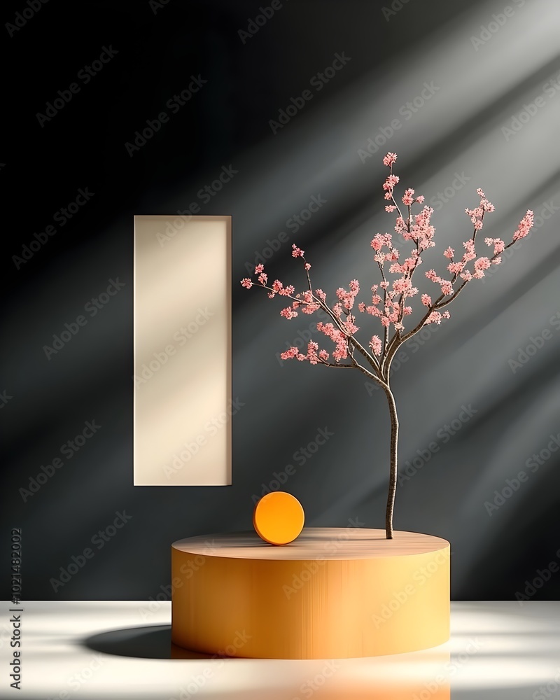 Poster sleek 3d studio composition featuring a stark black and white backdrop reflective floor and a centra