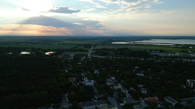 Lignano Pineta at sunset. View from above. Architecture on the sea
