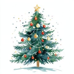 Fototapeta premium Watercolor Christmas tree decorated with a star, gold and red balls. Hand drawn illustration isolated on white. Template for invitations and card design