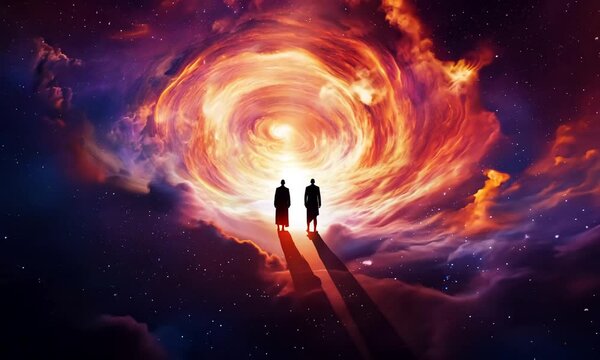 Shadrach, Meshach, and Abednego in the fiery furnace, depicted within a swirling nebula, highlighting their faith amidst trials, with copy space
