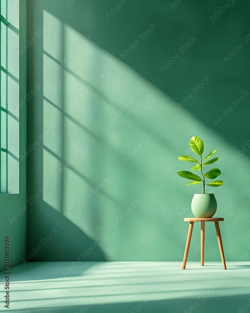 Poster minimalist 3d studio setting with deep green backdrop sleek product display stand and striking shado