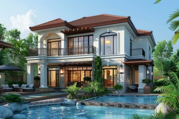 Fototapeta premium Luxury Villa Exterior with Swimming Pool