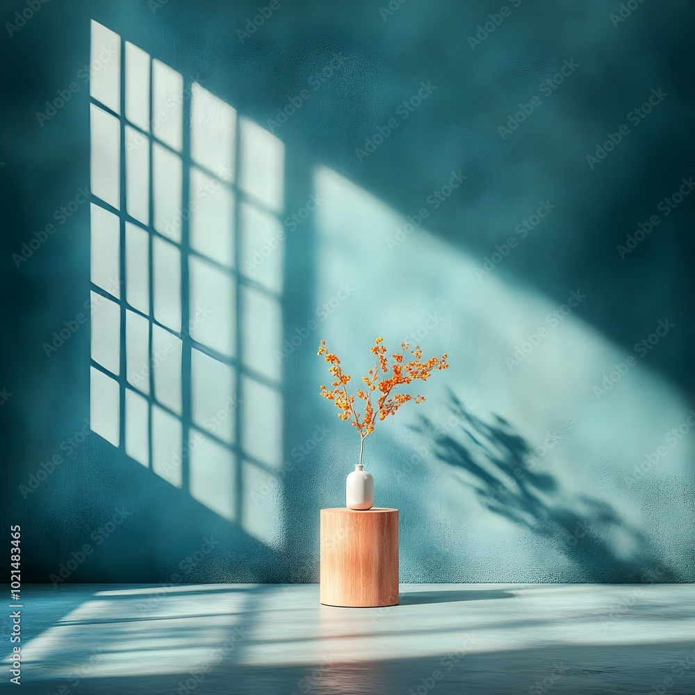 Poster sleek and minimalist 3d studio interior featuring a deep blue backdrop sparse floor and walls and a 