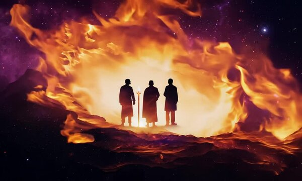 Shadrach, Meshach, and Abednego in the fiery furnace, depicted within a swirling nebula, highlighting their faith amidst trials, with copy space
