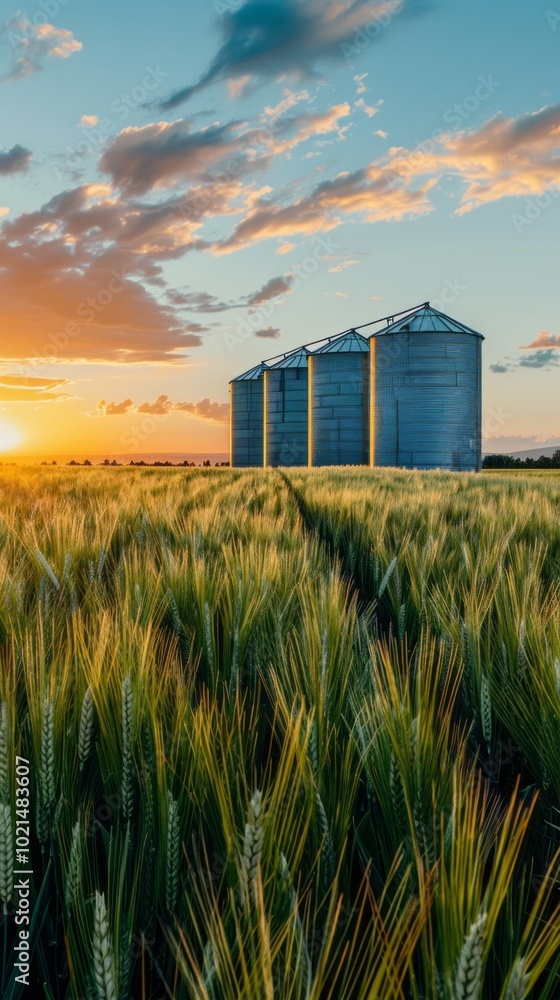 Poster a field of wheat with three silos in the background