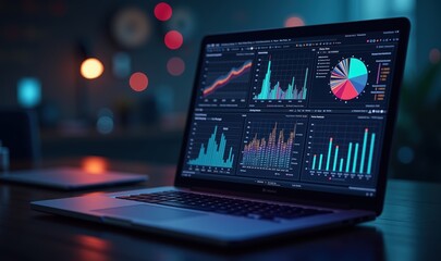 A modern laptop displaying vibrant data visualizations and analytics in a stylish, dimly lit workspace, ideal for business, finance, and technology projects.