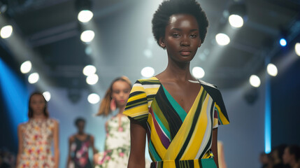 Naklejka premium Models showcasing eco-friendly luxury fashion on a runway, with sleek lighting emphasizing sustainable fabrics and modern cuts