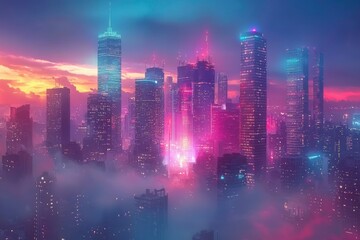 Fototapeta premium Skyscrapers at Dusk with Pink and Blue Lighting and Fog