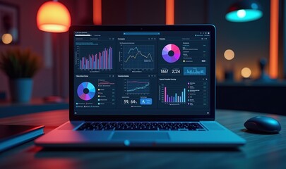 A modern laptop displaying colorful business analytics and charts in a stylish, dimly lit workspace. Perfect for illustrating data analysis, finance, and technology themes.