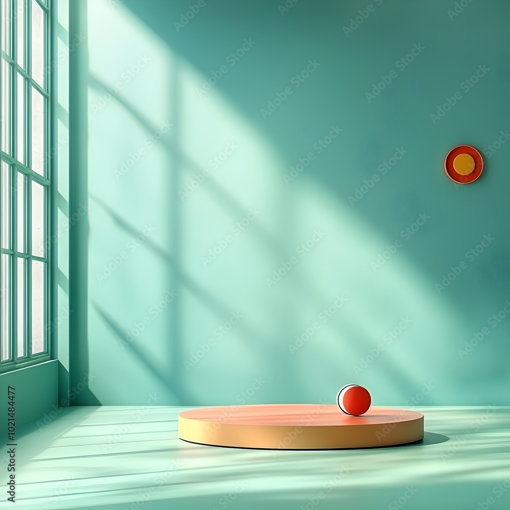 Poster a minimalist 3d studio space with a serene teal backdrop an empty floor and wall showcasing a centra