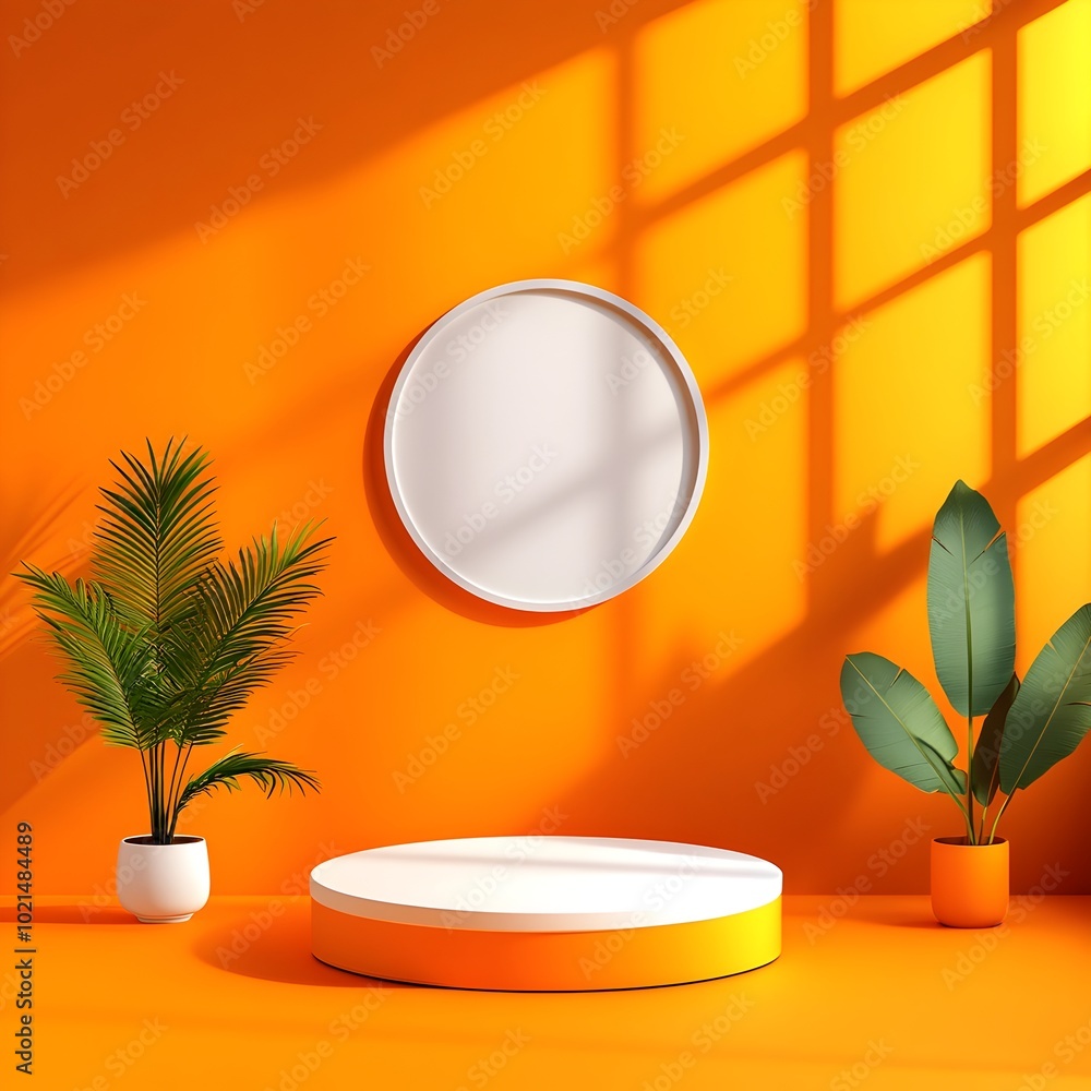 Poster minimalist 3d studio space with a clean saffron colored backdrop and a display podium directional wi