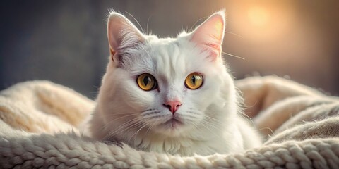 Majestic White Cat with Striking Gold Eyes Sitting Gracefully on a Soft Blanket in Natural Light