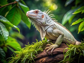 Fototapeta premium Majestic White Iguana Posing on a Branch Surrounded by Lush Green Foliage in Natural Habitat