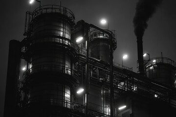Industrial Structure with Smoke and Lights at Night