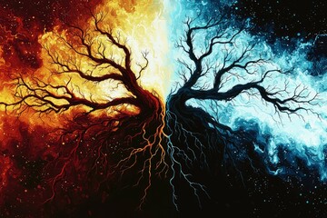 A Single Tree Divided by Fire and Ice with Swirling Backgrounds