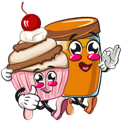 kawaii cartoon cupcake with cherry on top character mascot isolated vector illustration with a bottle of honey character while giving thumbs up and giving an ok sign, work of hand drawn