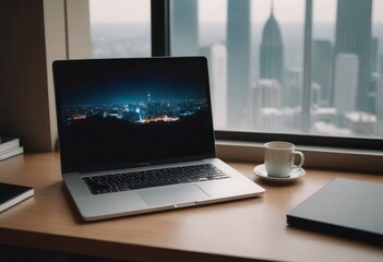 A laptop is opened and sitting on a desk beside a cup of coffee