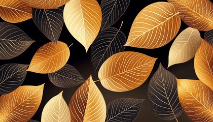 Autumn leaves in gold, brown, and black on a dark background, showcasing intricate textures and patterns.