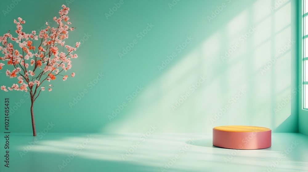 Poster minimalist 3d studio room with green background empty floor and wall product podium with soft shadow