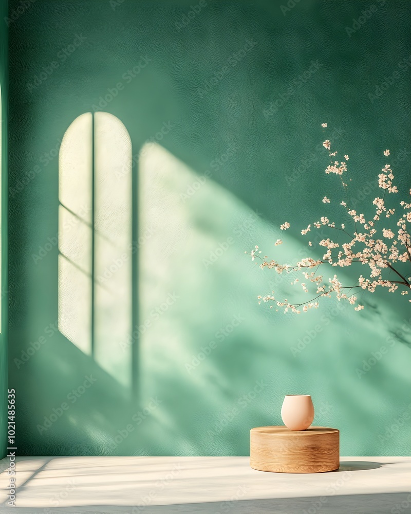 Poster sleek and modern 3d studio space with a serene sage green backdrop wall an empty floor and a simple 
