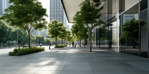 An outside view of people commuting to an office building through a plaza with green trees