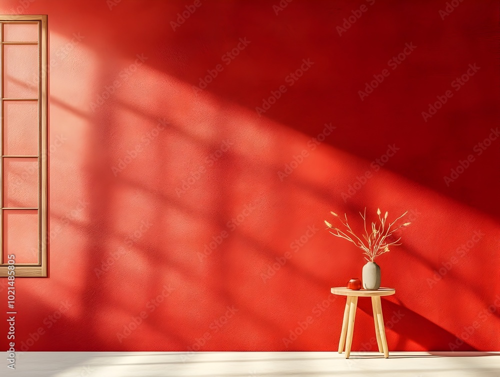 Poster Sleek 3D studio scene with a burgundy red backdrop and a minimalist product pedestal in the foreground  The crisp floor and wall geometry create a shadow play from the side window