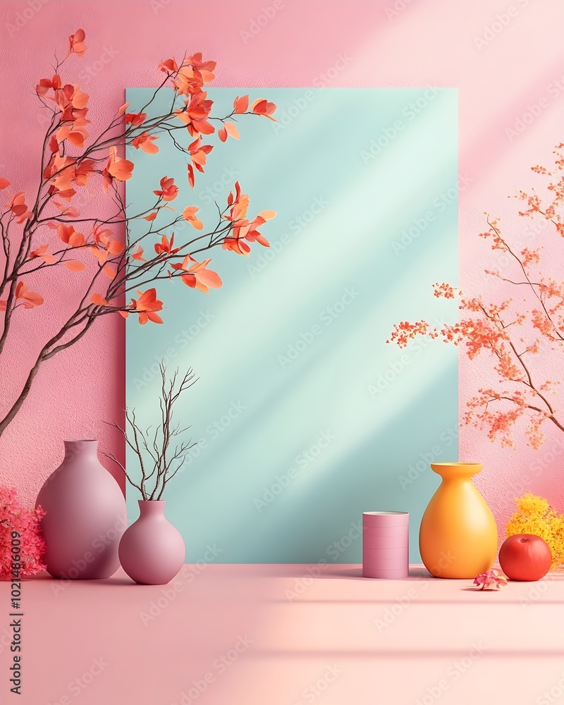 Poster sleek and sophisticated 3d studio setting with lavender toned backdrop bare walls and floor and a ce