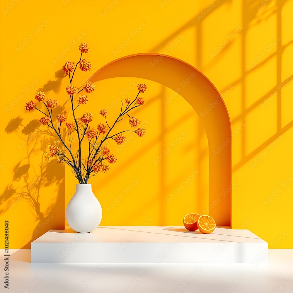 Poster minimalist and modern 3d product showcase studio setting with mustard yellow backdrop empty floor an