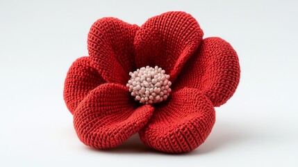 A charming, red knitted flower stands out against a plain white backdrop.