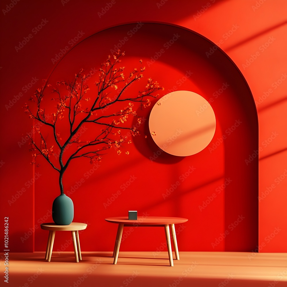 Poster Sophisticated 3D studio space featuring a deep red backdrop an elegant product display pedestal in the center and pristine floor and wall elements