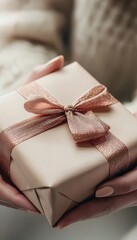 Hands Presenting a Wrapped Birthday Gift with Ribbon Against Softly Blurred Background