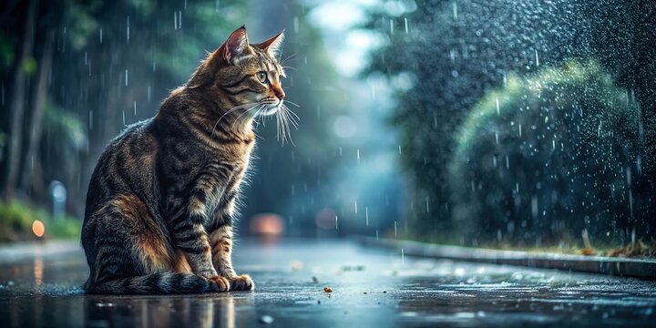 Melancholic Cat in Rainy Weather - A Sad Feline Captured in the Gloomy Atmosphere of a Rainy Day