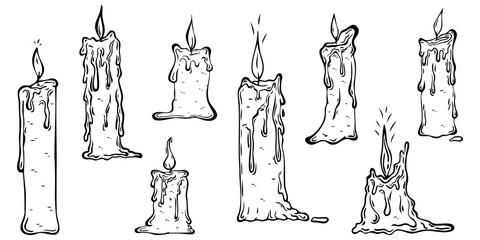 Set of melted candles, engraving. Hand drawn candle, vector sketch, black outline.